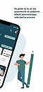 Prva stran mobilne aplikacije eDavki s kategorijami Obveznosti do FURS, Hitro plačilo in eVročanje. V desnem spodnjem kotu je moški, ki v rokah drži svinčnik. 
