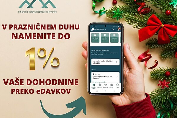  Mobilni telefon ob njem pa napis: V prazničnem duhu namenite 1 % vaše dohodnine preko eDavkov.