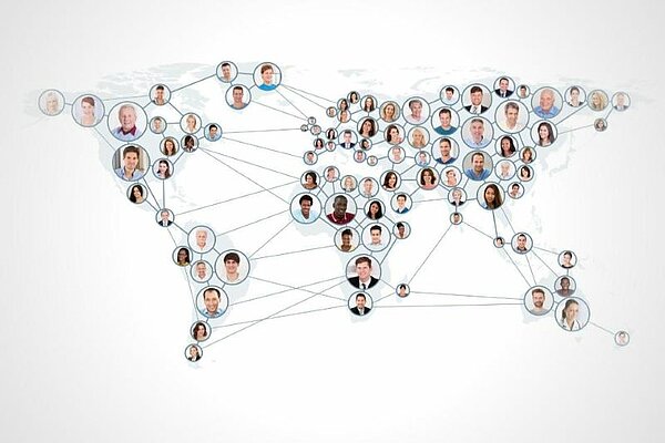  Collage of people with network and communication concept on world map.